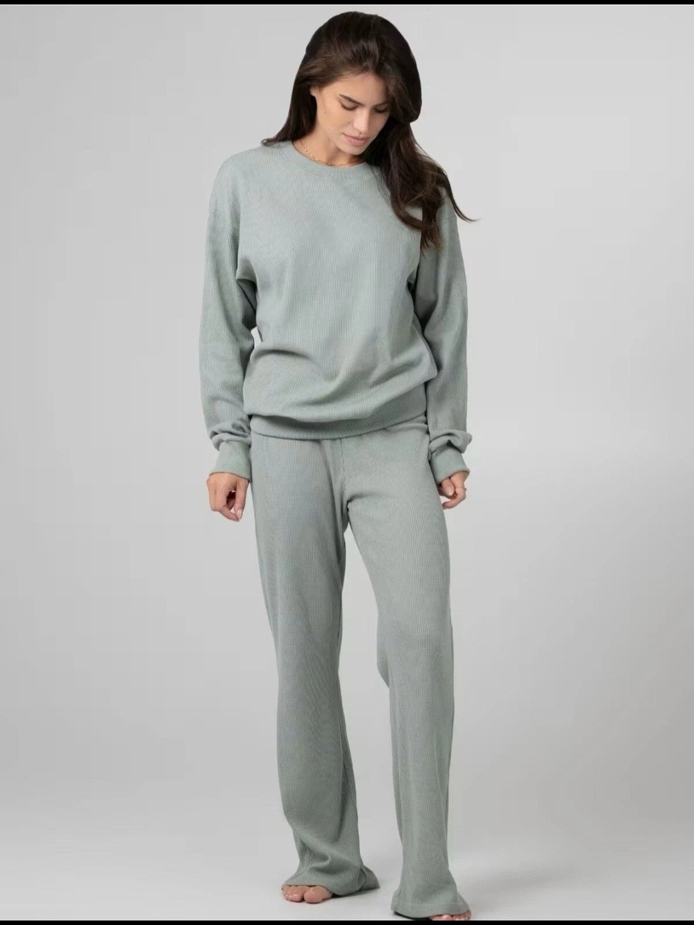 Comfrt Women’s Waffle Lounge Long Sleeve + Pants  In Sage Green Size SMALL
